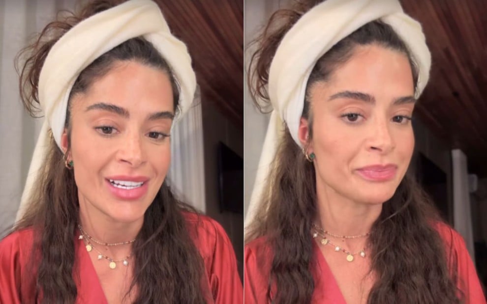Montagem com dois momentos de Aline Riscado nos Stories do Instagram