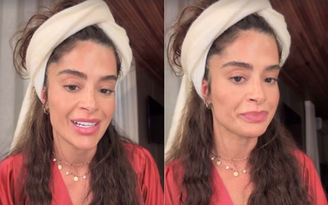 Montagem com dois momentos de Aline Riscado nos Stories do Instagram