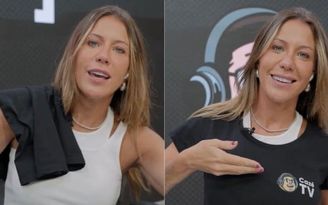 Montagem com fotos de Bárbara Coelho com uma regata branca e camiseta preta com logo da CazéTV