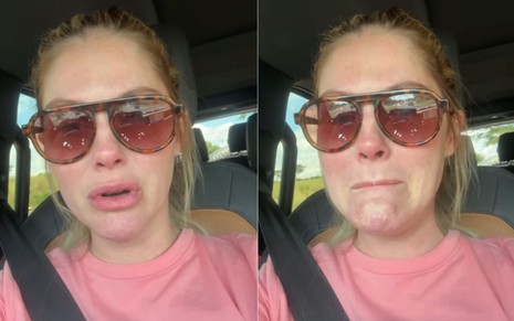 Montagem com fotos de Bárbara Evans chorando dentro de um carro