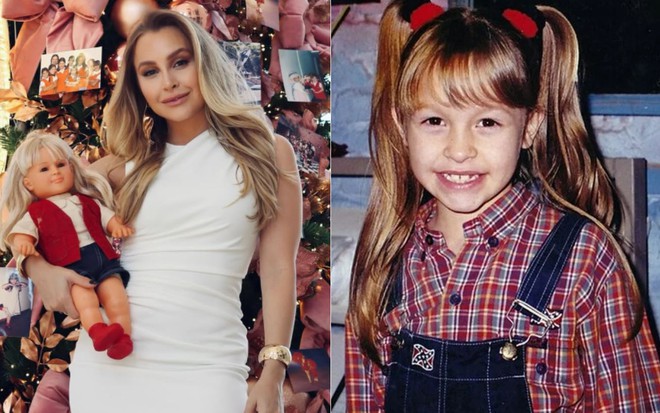 Montagem com fotos de Carla Diaz com uma boneca loira e a mesma atriz ainda criança