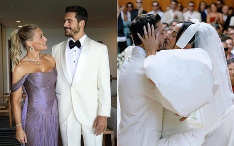 Montagem com duas fotos: na primeira, Giselle De Prattes e Nicolas Prattes se encaram, arrumados; na segunda, ele beija Sabrina Sato, vestida de noiva