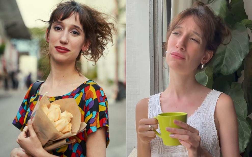 Montagem com fotos da atriz Isabela Mariotto como ela mesma e caracterizada como a personagem Tina, de A Vida de Tina