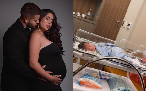 Montagem com fotos de Jottapê e Estefany Boro em ensaio de gravidez e do bebê Samuel na maternidade