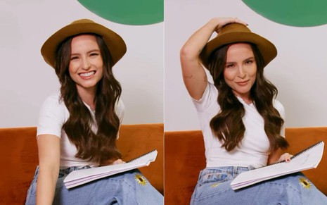 Montagem com dois frames de Larissa Manoela em vídeo promocional de Êta Mundo Melhor!