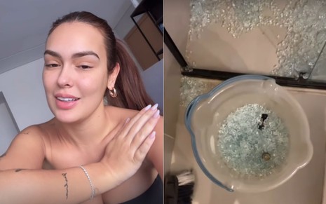 Montagem com Larissa Santos conversando com a câmera do celular e cacos de vidro em um chuveiro