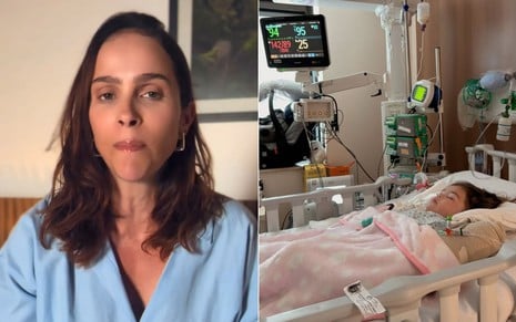 Montagem com fotos de Leticia Cazarré olhando para a câmera e de Maria Guilhermina no hospital