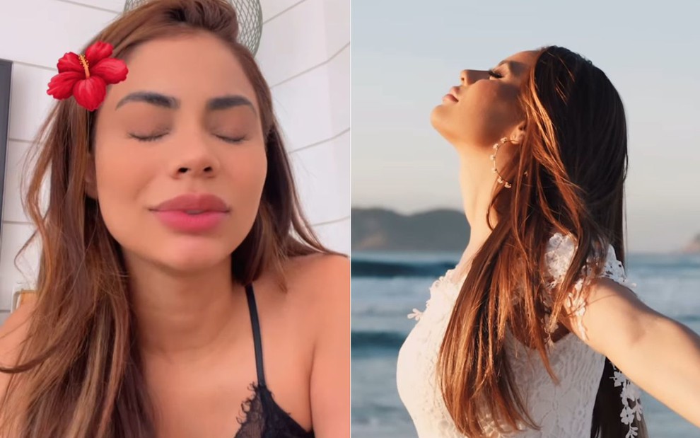 Montagem com fotos de Lexa de olhos fechados, falando para a câmera, e no clipe de Eu e Você, com expressão sonhadora