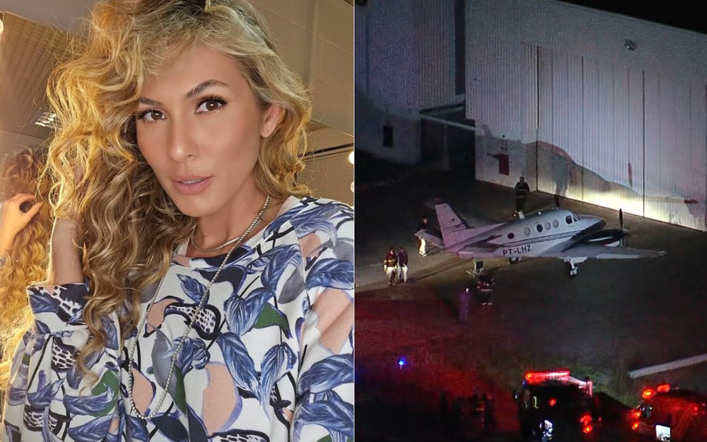 Montagem com fotos de Lívia Andrade e de avião pousando em aeroporto