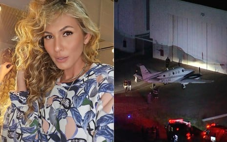 Montagem com fotos de Lívia Andrade e de avião pousando em aeroporto
