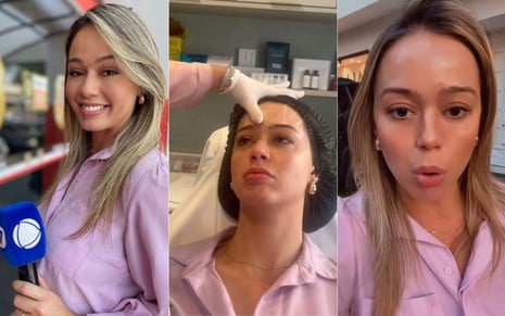 Marcela Munhoz em três momentos de vídeo em que promoveu clínica de estética no Instagram: com microfone da Record, prestes a receber botox e depois