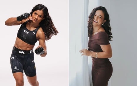 Montagem com dois momentos da lutadora Natália Silva: com roupa de luta, dando um soco no ar, e com um vestido posando sorridente