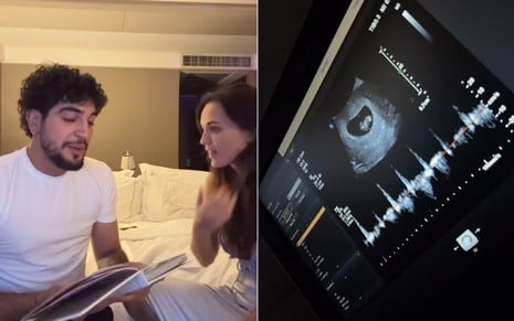 Montagem com fotos do cantor Nattan e Rafa Kalimann sentados em uma cama e uma radiografia de bebê