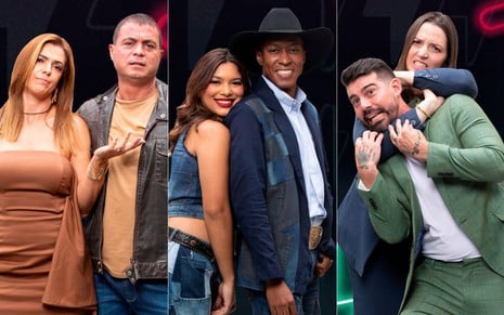 Montagem de fotos promocionais de Dhomini e Adriana, Everton e Emilyn, e Radamés e Carol no Power Couple Brasil