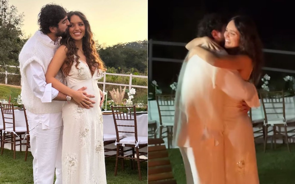 Montagem com dois momentos de Nattan e Rafa Kalimann no chá revelação de Zuza