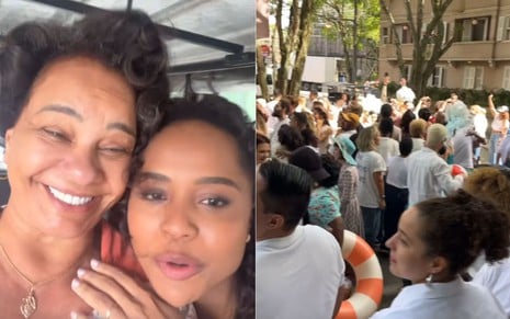 Montagem com duas fotos: na primeira, Solange Couto e Duda Santos sorriem, abraçadas; na segunda, muitas pessoas vestidas de branco fazem festa