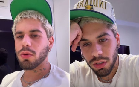 Montagem com dois momentos de Zé Felipe frustrado e nervoso nos Stories do Instagram