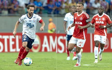 Everton Ribeiro, do Bahia, corre com a bola enquanto é observado por Alan Patrick em jogo Bahia x Internacional ao vivo
