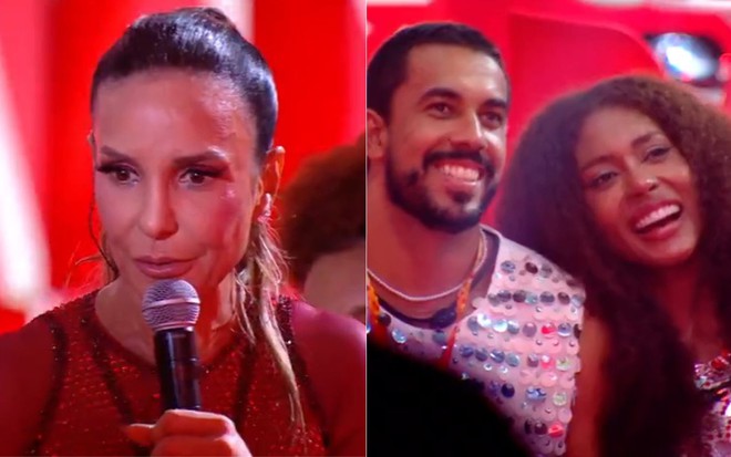 Montagem com Ivete Sangalo cantando e, na segunda imagem, Giovanna está com a cabeça apoiada no ombro de Maike