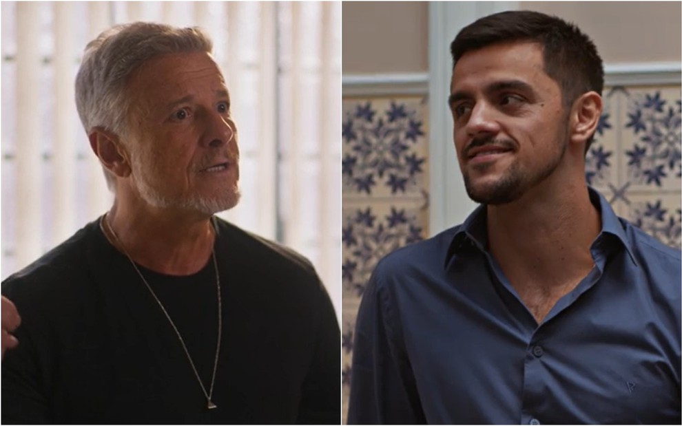 Montagem com fotos dos atores Marcello Novaes e Felipe Simas em cenas de Dona de Mim