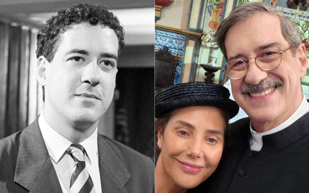 Montagem: na primeira imagem, João Camargo aparece em foto preto e branco; na segunda, ele tira selfie com Heloisa Périssé