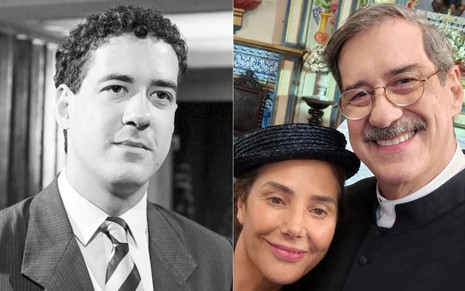 Montagem: na primeira imagem, João Camargo aparece em foto preto e branco; na segunda, ele tira selfie com Heloisa Périssé
