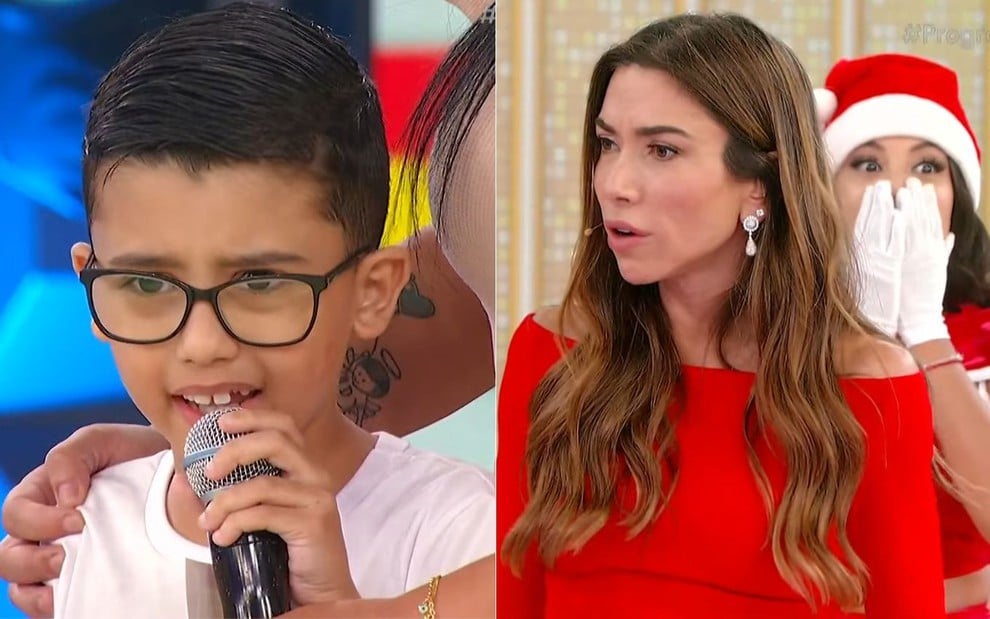 Montagem com João Lucas e Patricia Abravanel no Programa Silvio Santos; menino fala no microfone, enquanto apresentadora está com expressão de choque