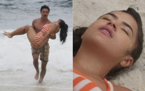 Montagem: na primeira foto, João Vitor Silva carrega uma mulher no colo saindo do mar; na segunda imagem, Maisa está deitada na areia com olhos fechados