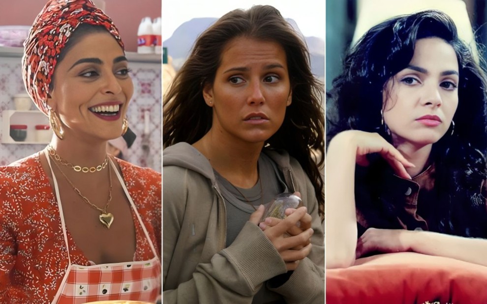 Montagem com Juliana Paes em A Dona do Pedaço à esquerda; Deborah Secco em América no centro; e Claudia Ohana em A Próxima Vítima à dirieta