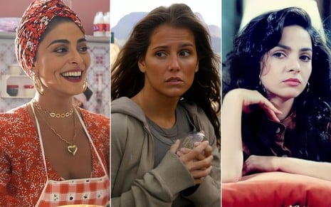 Montagem com Juliana Paes em A Dona do Pedaço à esquerda; Deborah Secco em América no centro; e Claudia Ohana em A Próxima Vítima à dirieta