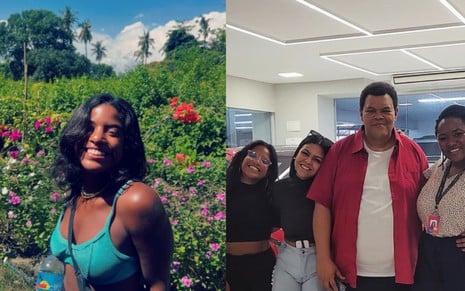 Juliana Marins posa sorridente em um campo. Ao lado, o ator Babu Santana em foto com a jovem e outras mulheres
