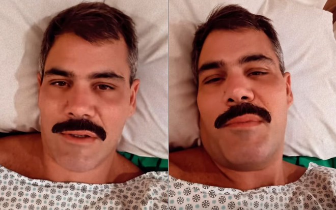 Montagem com duas imagens de Juliano Cazarré deitado em cama de hospital