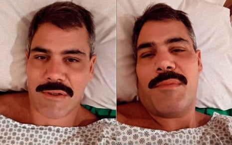 Montagem com duas imagens de Juliano Cazarré deitado em cama de hospital