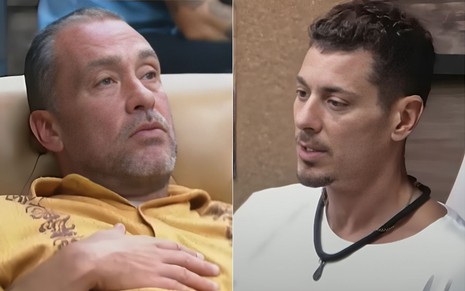 Montagem de Juninho Bill e Sacha Bali em A Fazenda 16; Juninho usa camisa amarela e coloca a mão no peito, enquanto Sacha está com cara de indignado