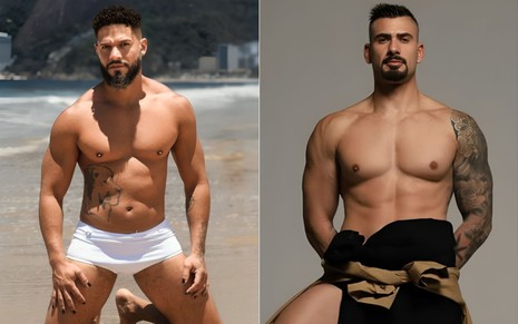 Montagem com fotos de Juninho e Nizam, do BBB 24. À esquerda, Juninho está ajoelhado de sunga branca na praia; à direita, Nizam posa sem camisa, tapando as partes íntimas com um pano