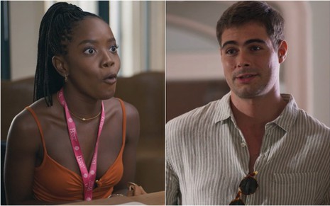 Montagem com fotos dos atores Clara Moneke e Rafael Vitti em cenas de Dona de Mim