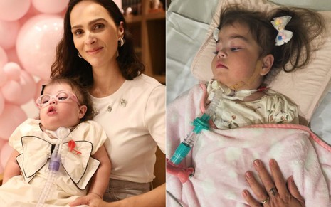 Leticia Cazarré segura a filha Maria Guilhermina no colo; na segunda imagem, a menina está em cama hospitalar