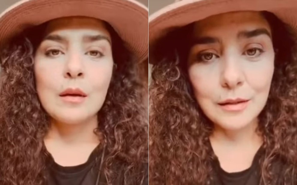 Frames de vídeo publicado por Leticia Sabatella no Instagram; ela aparece de chapéu, com feição triste