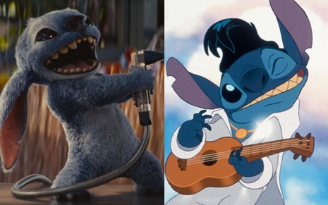 Montage com Stitch na animação de 2002 e no live-action