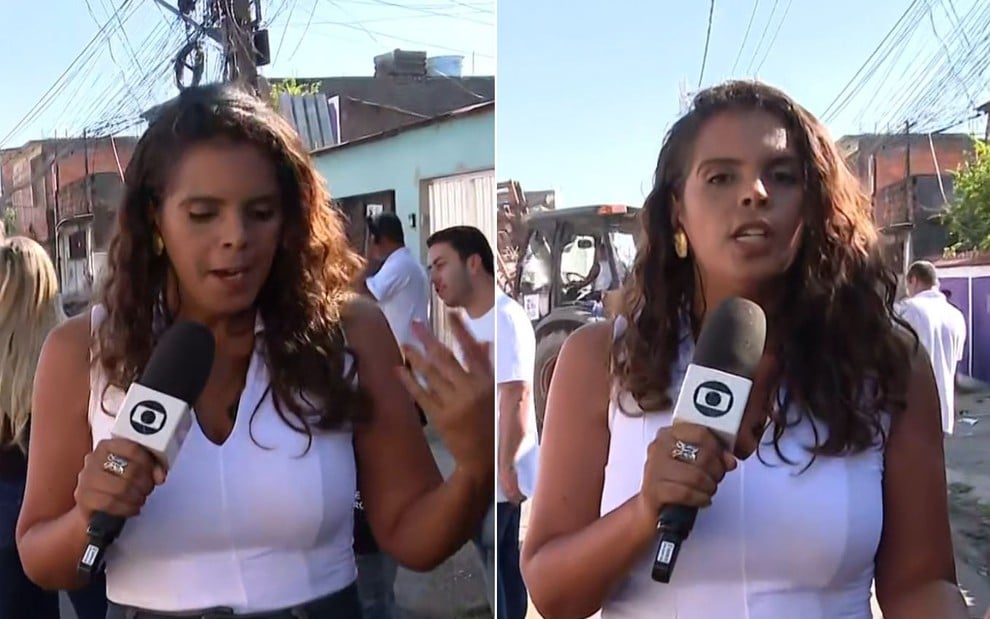 A repórter Luana Alves olhando, assustada, para baixo durante reportagem