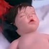 Montagem de Luciana Gimenez e bebê reborn; à esquerda, ela segura um boneco realista, à direita uma foto do 'bebê' após o 'parto'