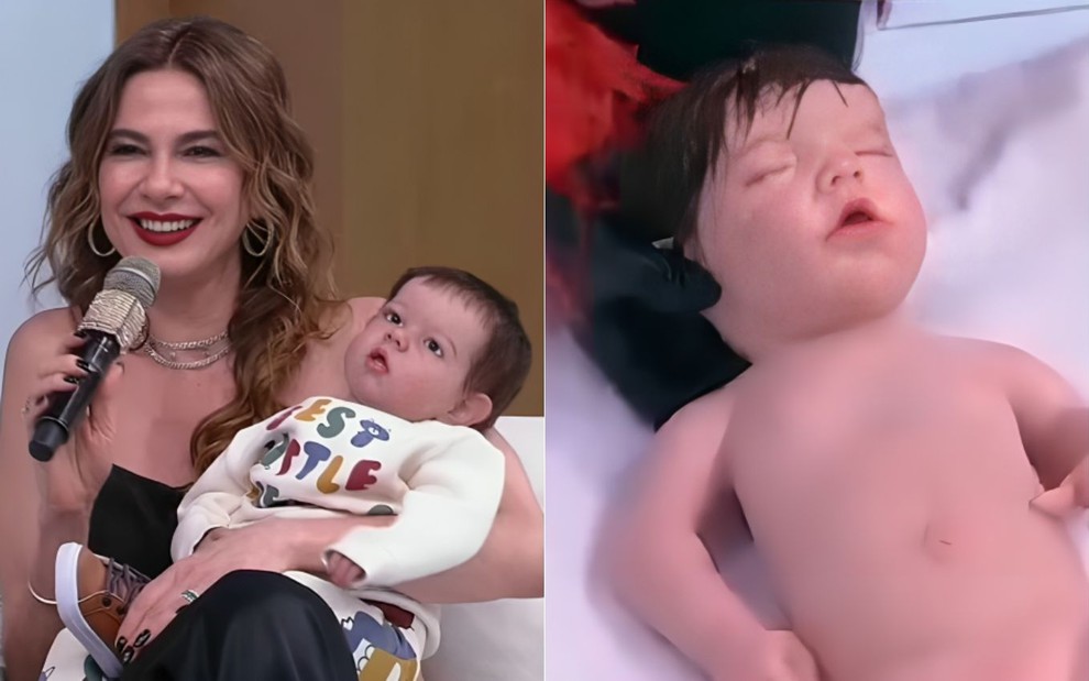 Montagem de Luciana Gimenez e bebê reborn; à esquerda, ela segura um boneco realista, à direita uma foto do 'bebê' após o 'parto'