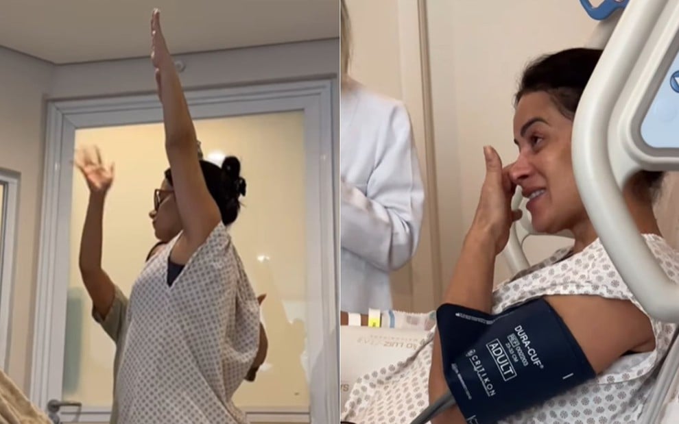 Montagem com Lucilene Caetano de braços levantados durante fisioterapia e secando lágrima na cama do hospital