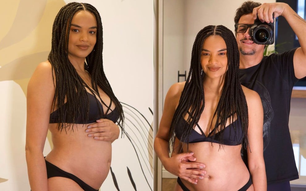 Montagem: Na primeira foto, Lucy Ramos aparece de lado e mostra a barriga de grávida; na segunda imagem, a atriz tira foto com Thiago Luciano em frente ao espelho