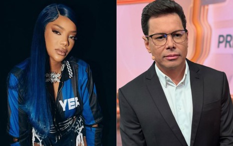 Montagem com fotos de Ludmilla, à esquerda, em fundo preto e com cabelo e roupas azuis; e Marcão do Povo, à direita, no cenário do Primeiro Impacto, usando terno e camisa social