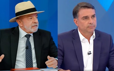 Luiz Inácio Lula da Silva, de terno e chapéu claro gesticulando à esquerda, aparece ao lado de Flávio Bolsonaro, de terno azul e camisa branca à direita.