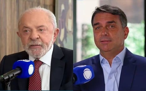 Imagem dividida em dois painéis verticais: à esquerda, o presidente Luiz Inácio Lula da Silva, de fato escuro, camisa branca e gravata vermelha, fala diante de um microfone azul com o logótipo da Record; à direita, o senador Flávio Bolsonaro, de fato azul