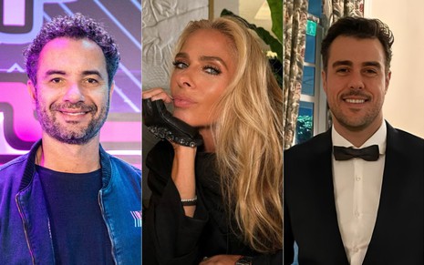Montagem com fotos de Marco Luque sorridente, Adriane Galisteu apoiando o rosto na mão com uma luva preta, e Joaquim Lopes usando terno e gravata borboleta