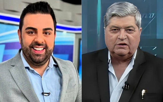 Montagem com Macedão da Chinelada sorridente e José Luiz Datena sério