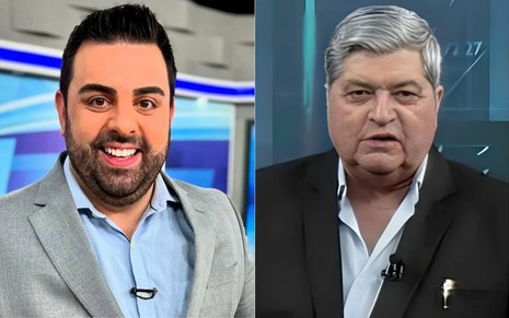 Montagem com Macedão da Chinelada sorridente e José Luiz Datena sério